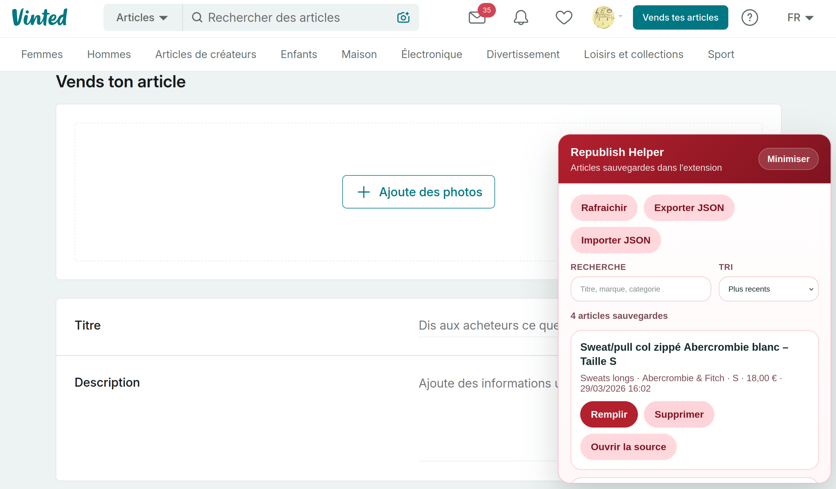 Revinted extension on the Vinted listing form